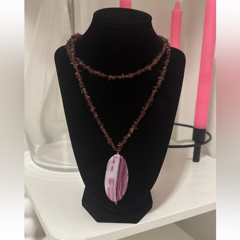 Tumbled Garnet Beaded Statement Necklace With Stunning Rhodochrisite Pendant